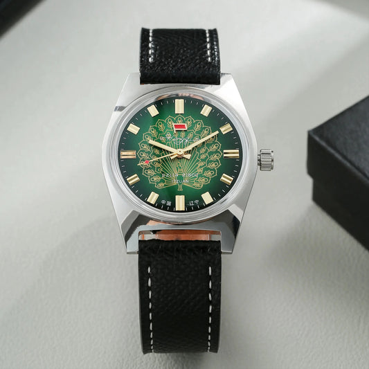 7120 Watches Hand‑Wind Mechanical Watch Men Dome Acrylic Crystal Green Peacock Carved Dial Vintage Leather Strap Wrist Watch