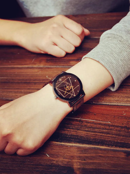 New Couple Watches Men Gear Triangle Pointer Compass Dial Second Hand Watch Women Stainless Steel Watches Relogio Feminino Clock