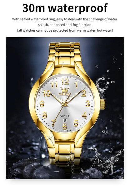 OLEVS 3650 Gold Watches for Men Classic Large Digital Dial Auto Date Waterproof Luminous Original Men's Quartz Wristwatch New