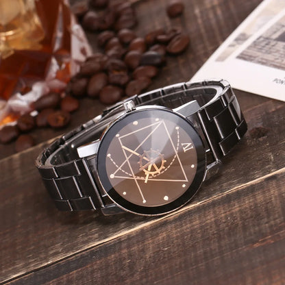New Couple Watches Men Gear Triangle Pointer Compass Dial Second Hand Watch Women Stainless Steel Watches Relogio Feminino Clock