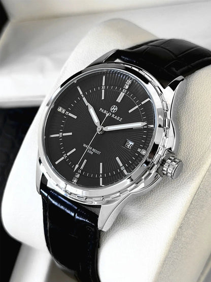 Genuine Men Wristwatch Business Sweep Movement Folding Fan Pattern Handsome Watches high-quality Leather Strap Clock  Has box