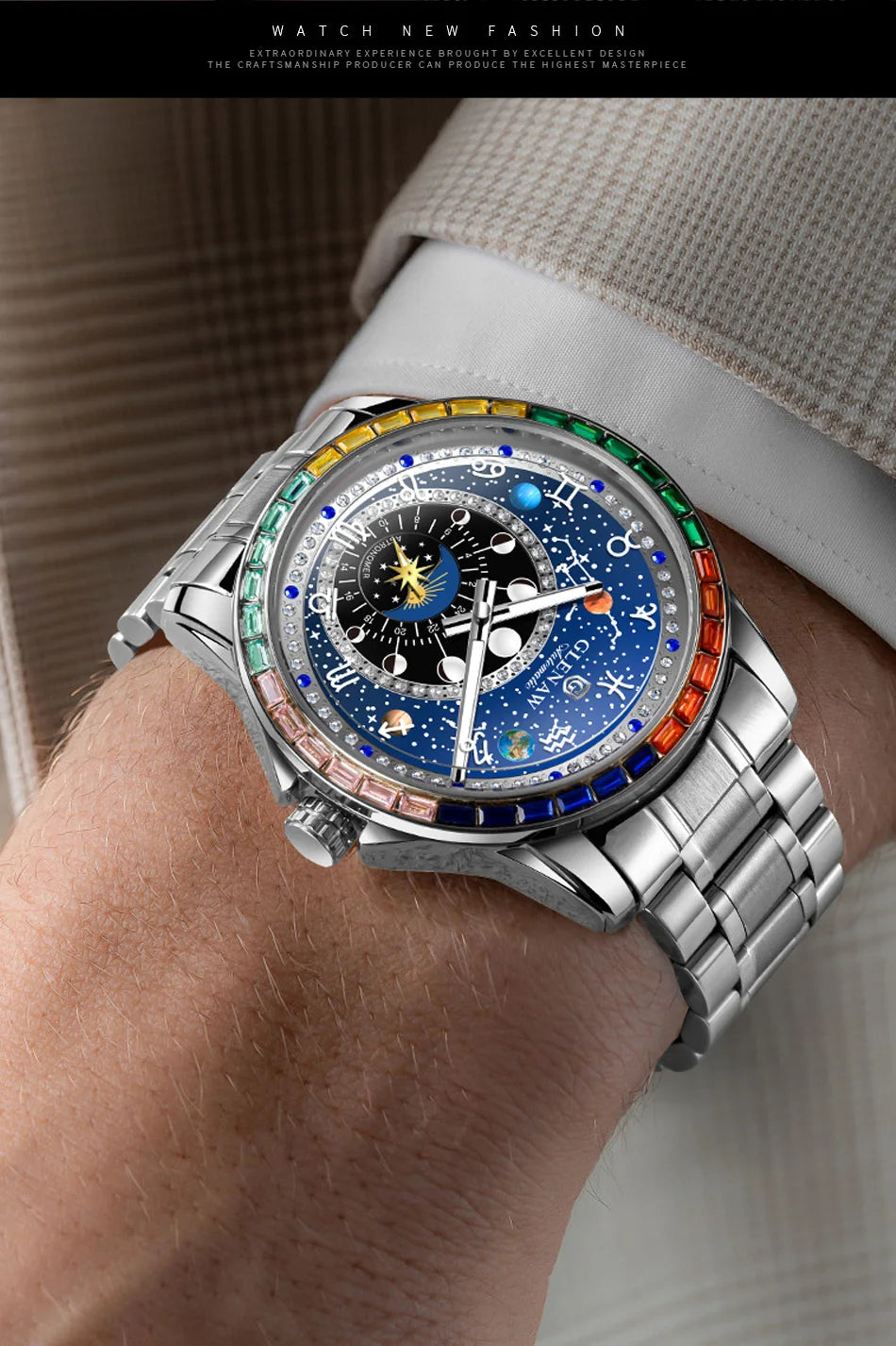 2026 GLENAW New Design Rainbow Circle Mechanical Watch Men Constellation Dial Night Light Waterproof Top Luxury Mechanical Watch