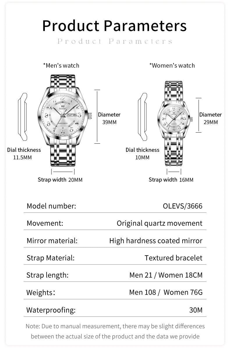 OLEVS 3666 Couple Watch Luxury Original Fashion Brand Waterproof Luminous Quartz Watch Man And Woman Watches Calendar Design