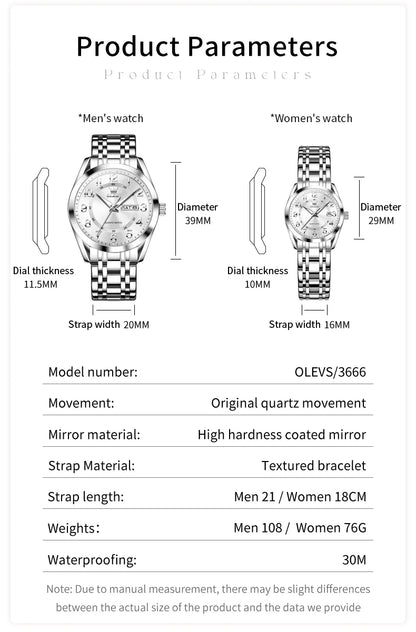 OLEVS 3666 Couple Watch Luxury Original Fashion Brand Waterproof Luminous Quartz Watch Man And Woman Watches Calendar Design