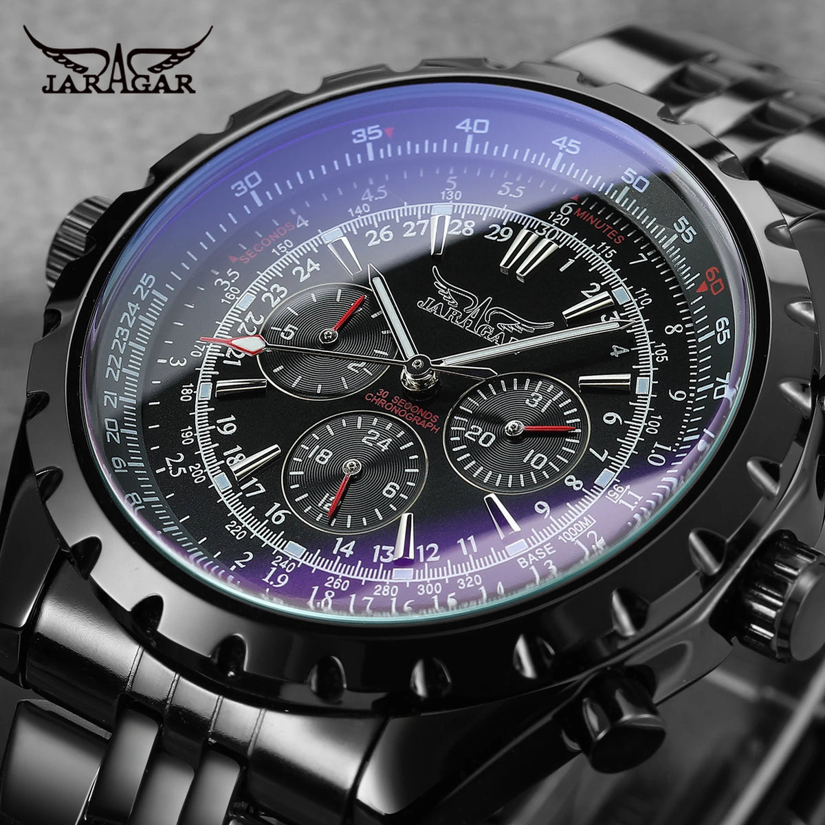 JARAGAR Original Blue Glass Big Dial Multifunctional Automatic Men's Watches Stainless Steel Vintage Mechanical Waterproof Clock