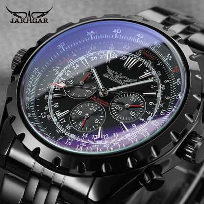 JARAGAR Original Blue Glass Big Dial Multifunctional Automatic Men's Watches Stainless Steel Vintage Mechanical Waterproof Clock