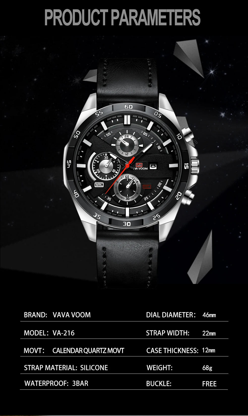 Men Sports Watch 46mm Black Leather Racing Series Everyday Wear  Fashion Original Rose Gold Dial Quartz Watches Relogio Masculin