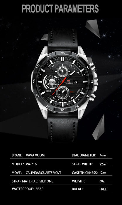 Men Sports Watch 46mm Black Leather Racing Series Everyday Wear  Fashion Original Rose Gold Dial Quartz Watches Relogio Masculin