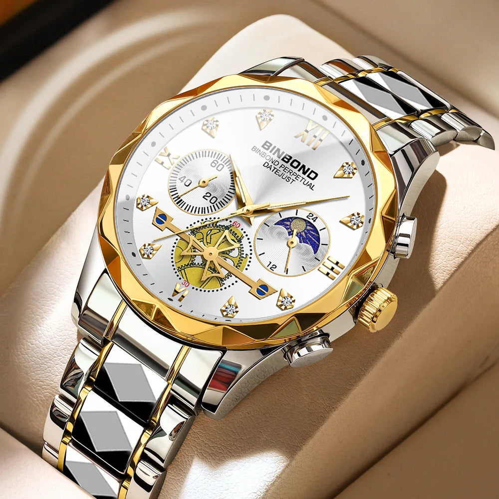 Multi Functional Quartz Watch, Versatile and Trendy Watch, Six Needle Timing, Casual and Trendy Men's Tungsten Steel Color