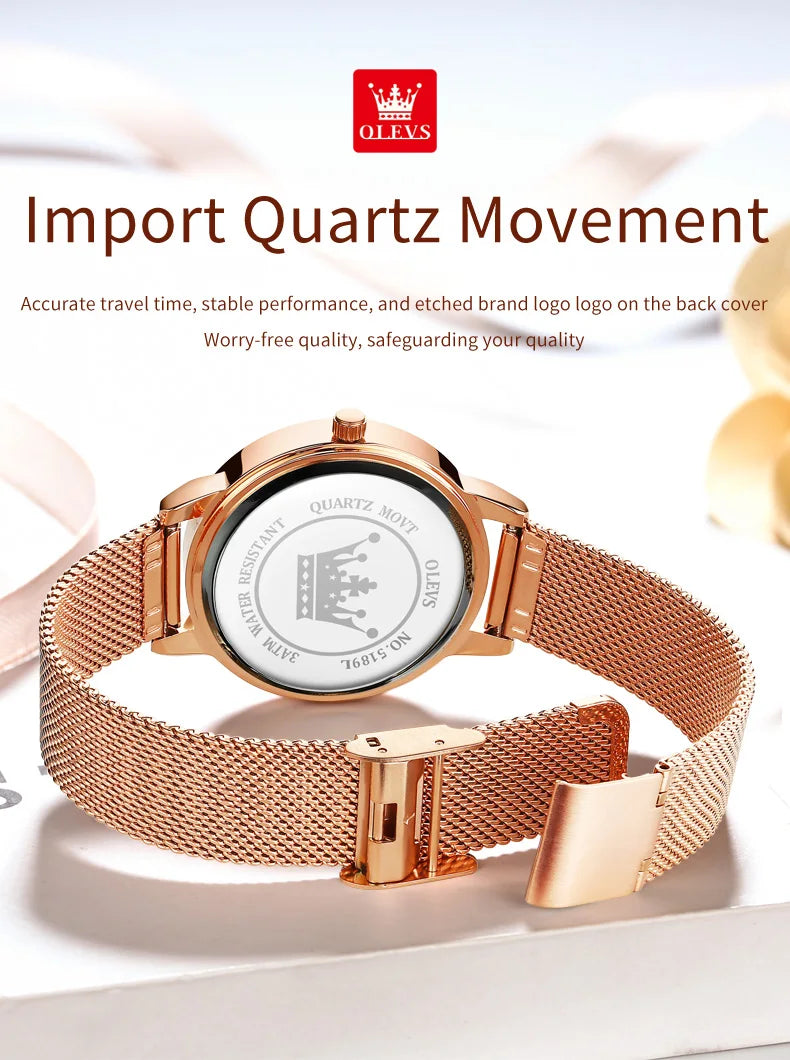 OLEVS 5189 Top Quartz Watch for Women Mesh Steel Strap Heart Design Waterproof Watches Simple Fashion Elegant Ladies Wristwatch
