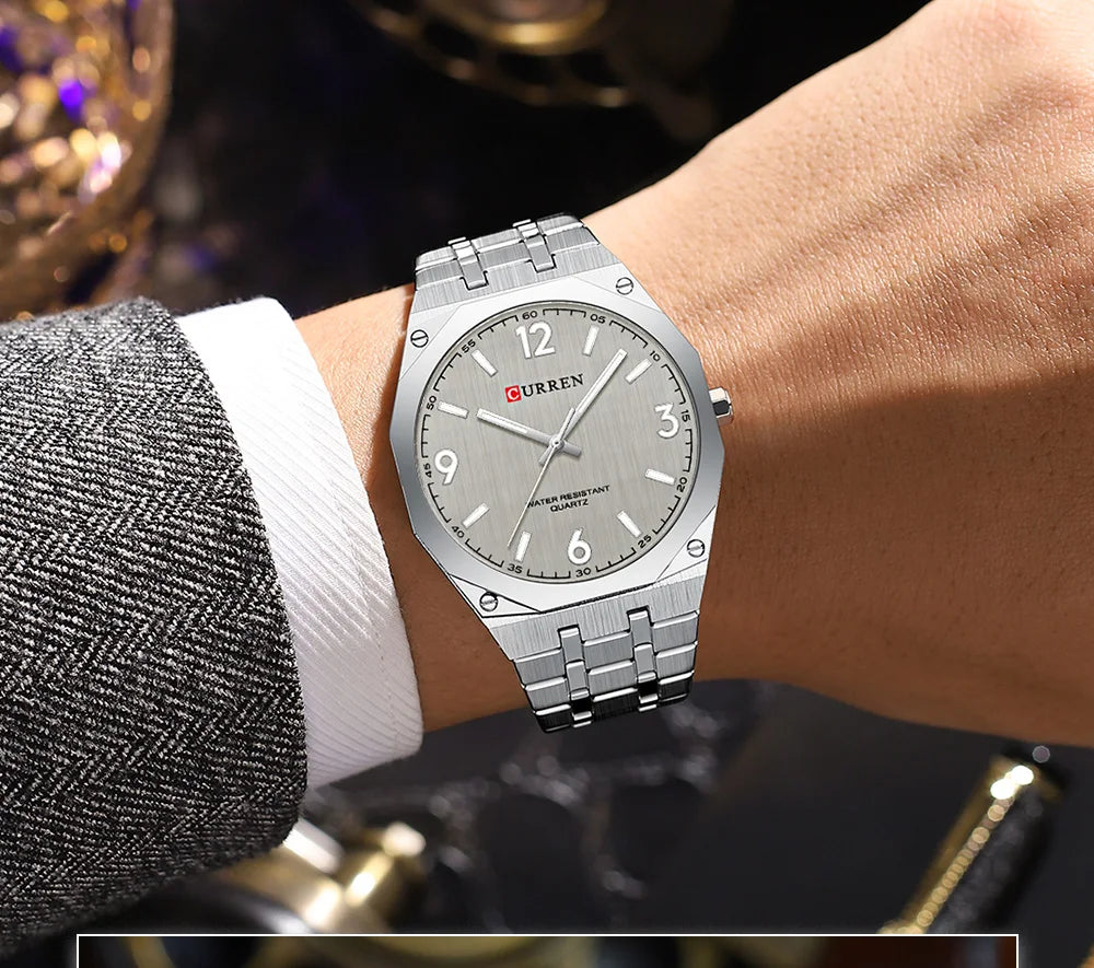 2026 Male Fashion Men Quartz Watch Stainless Steel Band Luminous Business Casual Wristwatch Octagonal Bezel Mineral Glass Dial