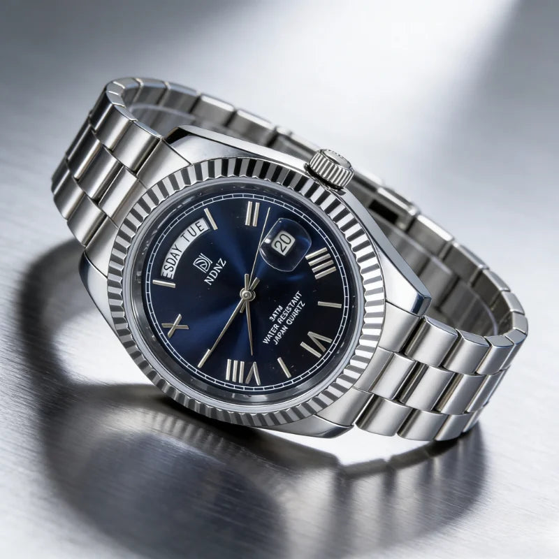Fashionable waterproof couple's wristwatch, men business quartz watch, date and timing function, steel strap, Japanese movement