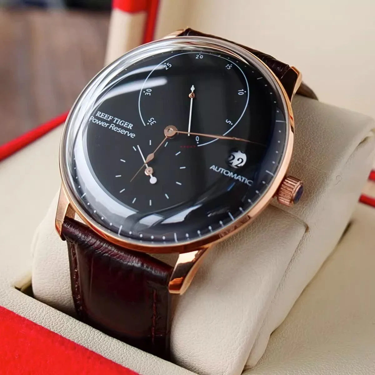Waterproof Mechanical Watch for Men with Date and Power Reserve Display Stainless Steel Case sapphire Crystal 42mm Large Dial