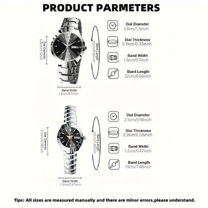 2pcs Couples Dial Cutting Quartz Watch Business Fashion Analog Calendar Wrist Watch Valentines Gift For Men Women Date Watch