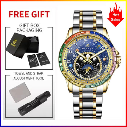 2026 GLENAW New Design Rainbow Circle Mechanical Watch Men Constellation Dial Night Light Waterproof Top Luxury Mechanical Watch