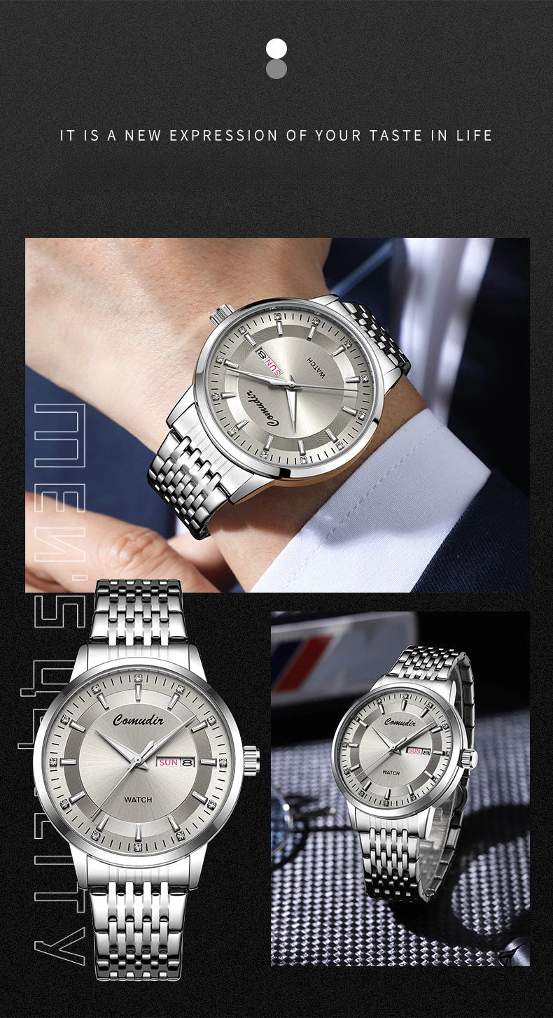 Silvery Non Mechanical Men's Watch Men's Steel Belt Hollowed Out Waterproof Tide Glow in The Dark Dual Calendar Noctilucent