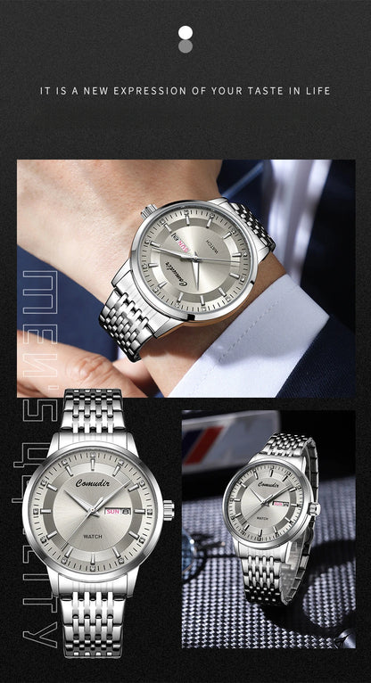 Silvery Non Mechanical Men's Watch Men's Steel Belt Hollowed Out Waterproof Tide Glow in The Dark Dual Calendar Noctilucent