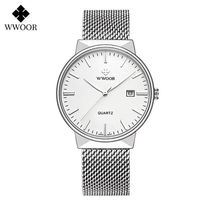 2022 Fashion Wwoor Top Brand Men Simple Slim Watches Luxury Gold Steel Mesh Ultra Thin Waterproof Date Wrist Watch Golden Clock