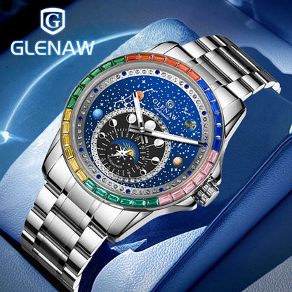2026 GLENAW New Design Rainbow Circle Mechanical Watch Men Constellation Dial Night Light Waterproof Top Luxury Mechanical Watch