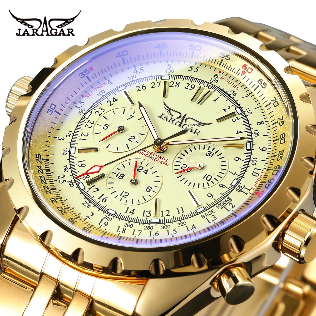 JARAGAR Original Blue Glass Big Dial Multifunctional Automatic Men's Watches Stainless Steel Vintage Mechanical Waterproof Clock