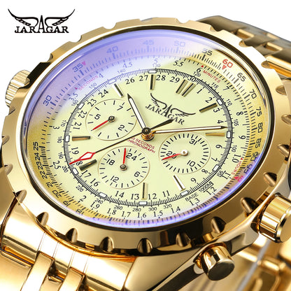 JARAGAR Original Blue Glass Big Dial Multifunctional Automatic Men's Watches Stainless Steel Vintage Mechanical Waterproof Clock