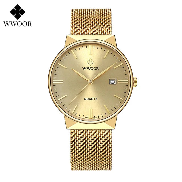 2022 Fashion Wwoor Top Brand Men Simple Slim Watches Luxury Gold Steel Mesh Ultra Thin Waterproof Date Wrist Watch Golden Clock