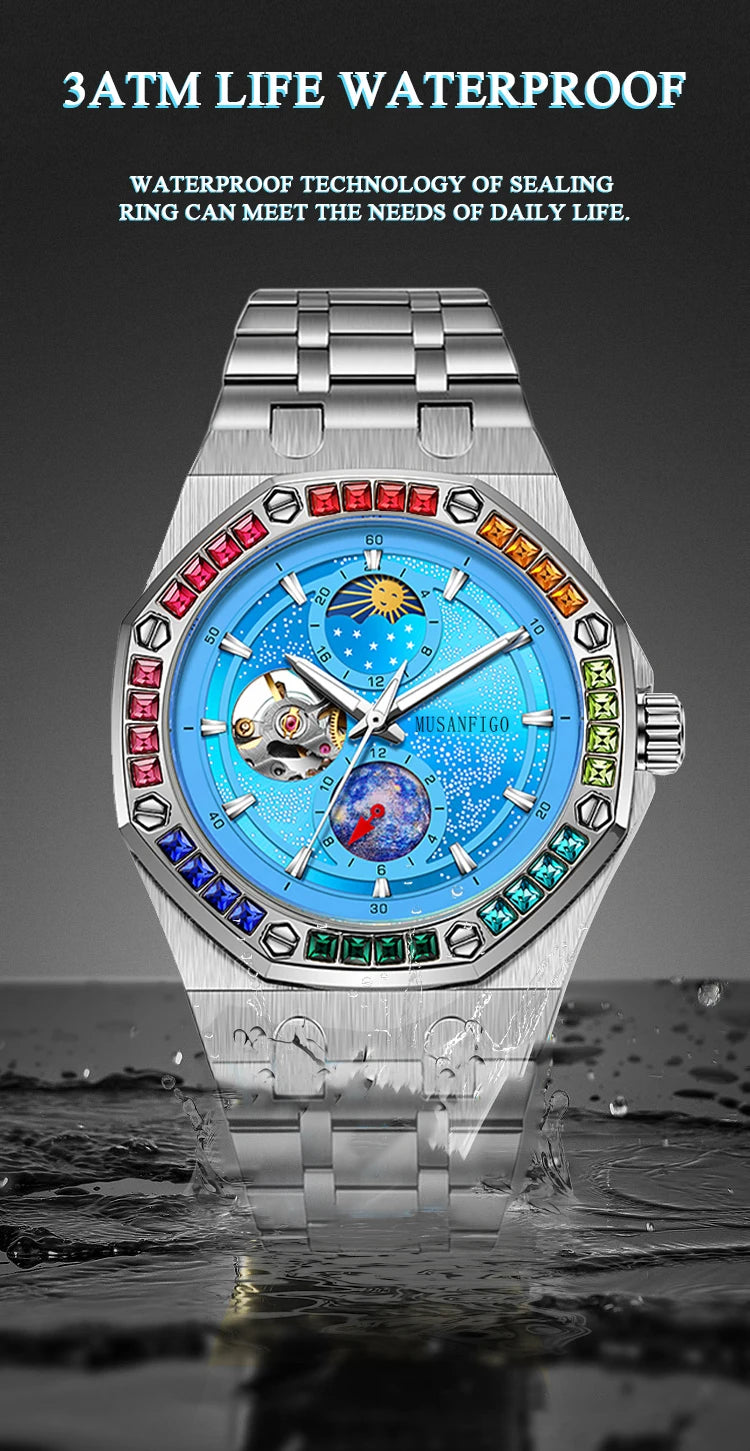 Men's Automatic Watch, Waterproof Watch, Rhinestone, Super Luminous Sun, Moon and Stars, Dial, Skeleton, Men's Gift Watch