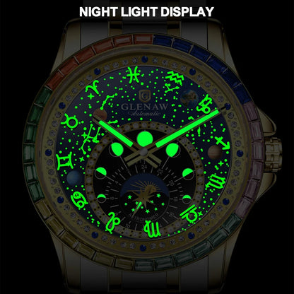2026 GLENAW New Design Rainbow Circle Mechanical Watch Men Constellation Dial Night Light Waterproof Top Luxury Mechanical Watch