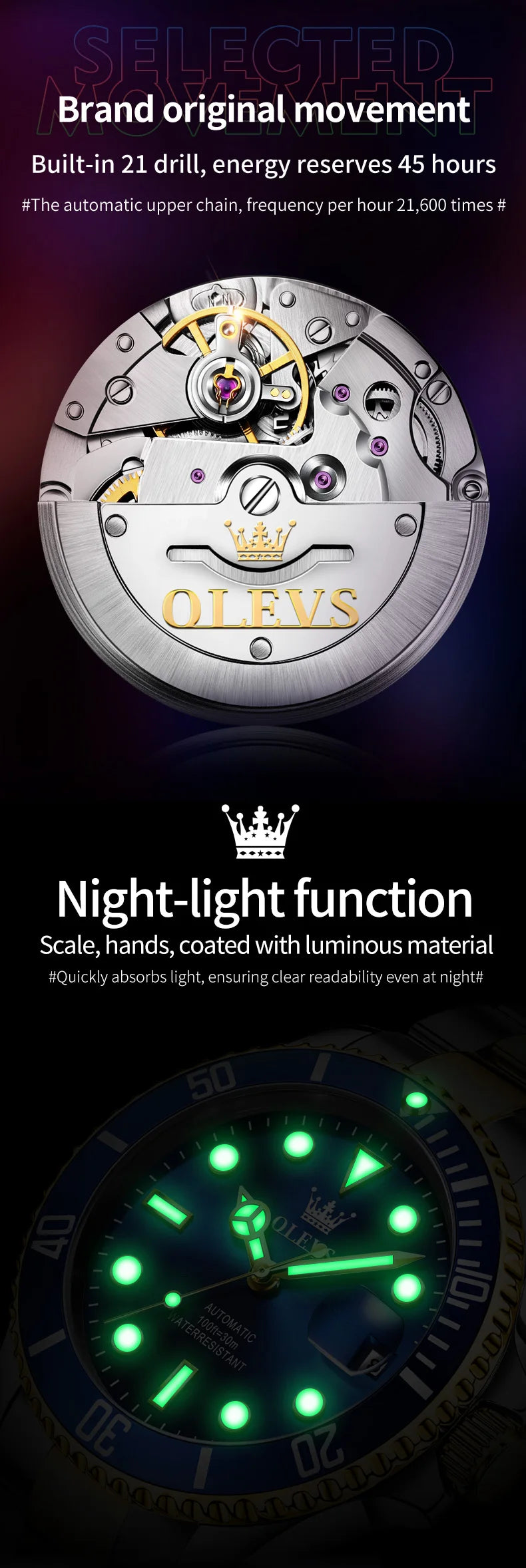 OLEVS 6650 Luxury Business Automatic Men's Watches Waterproof Luminous Stainless Steel Mechanical Wristwatch for Man