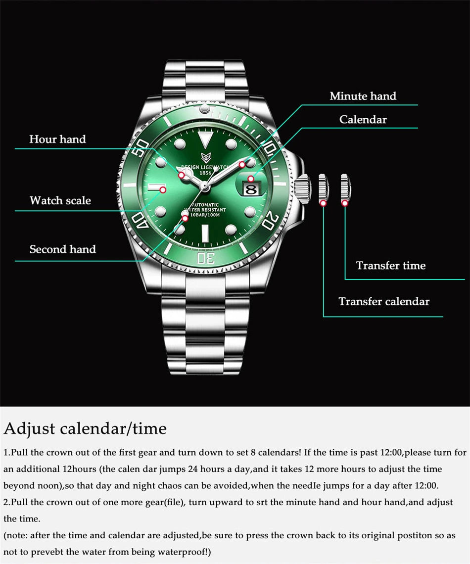 LIGE Top Brand Vintage Mechanical Watches Men Fashion Business Luxury Mens Watch Waterproof Luminous Automatic Wristwatch Reloj