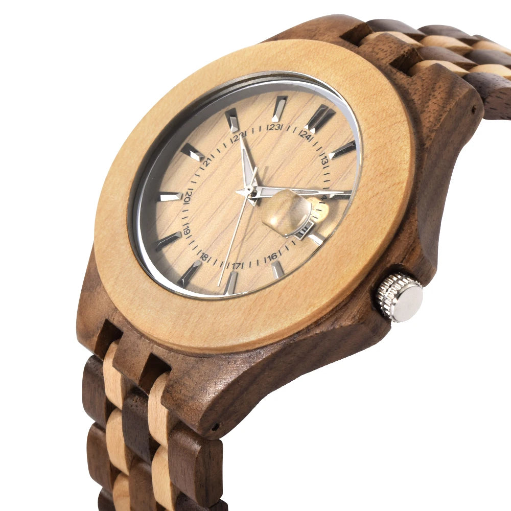 Fashion Men Natural Wood Watch Luminous Dial Date Calendar Fold Clasp Lightweight Casual Quartz Wristwatch