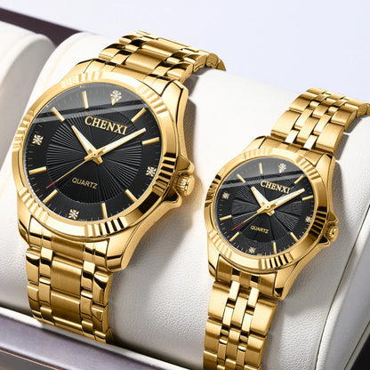 Couple Quartz Watch Men Women Band Round Wristwatch Luxury Gold Waterproof Lover Watches Ideal Gift For Wedding Anniversary