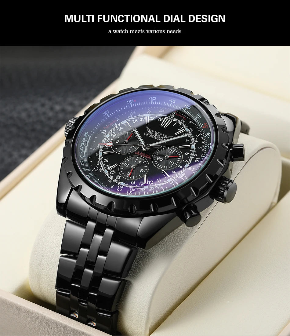 JARAGAR Original Blue Glass Big Dial Multifunctional Automatic Men's Watches Stainless Steel Vintage Mechanical Waterproof Clock