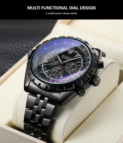 JARAGAR Original Blue Glass Big Dial Multifunctional Automatic Men's Watches Stainless Steel Vintage Mechanical Waterproof Clock