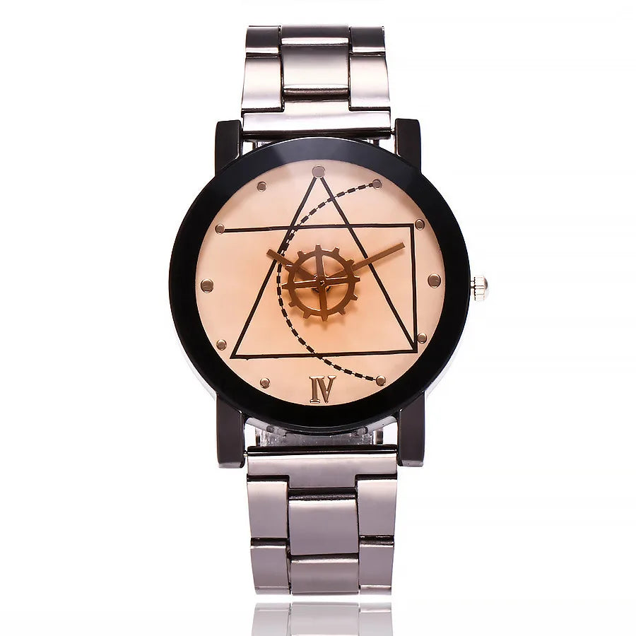 New Couple Watches Men Gear Triangle Pointer Compass Dial Second Hand Watch Women Stainless Steel Watches Relogio Feminino Clock