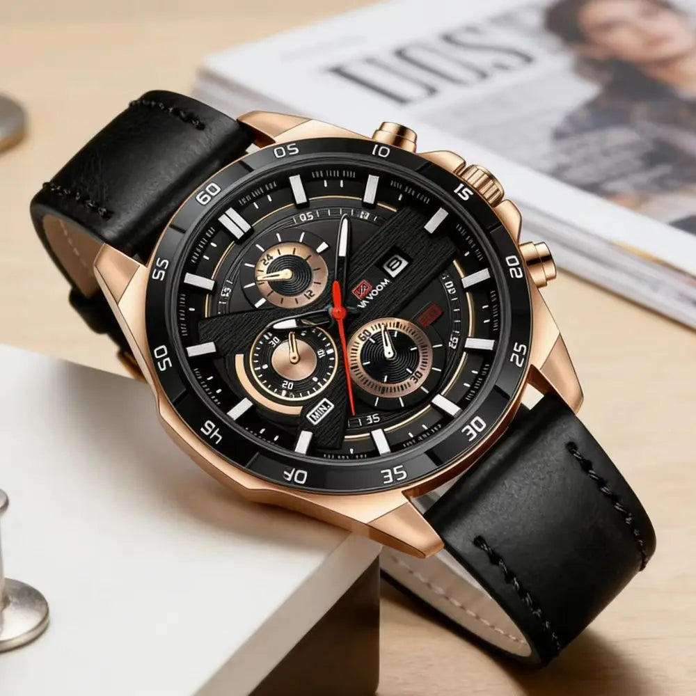 Men Sports Watch 46mm Black Leather Racing Series Everyday Wear  Fashion Original Rose Gold Dial Quartz Watches Relogio Masculin