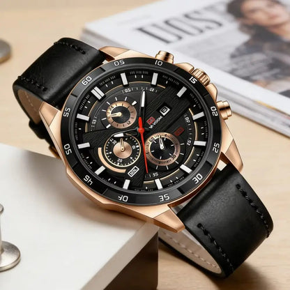 Men Sports Watch 46mm Black Leather Racing Series Everyday Wear  Fashion Original Rose Gold Dial Quartz Watches Relogio Masculin