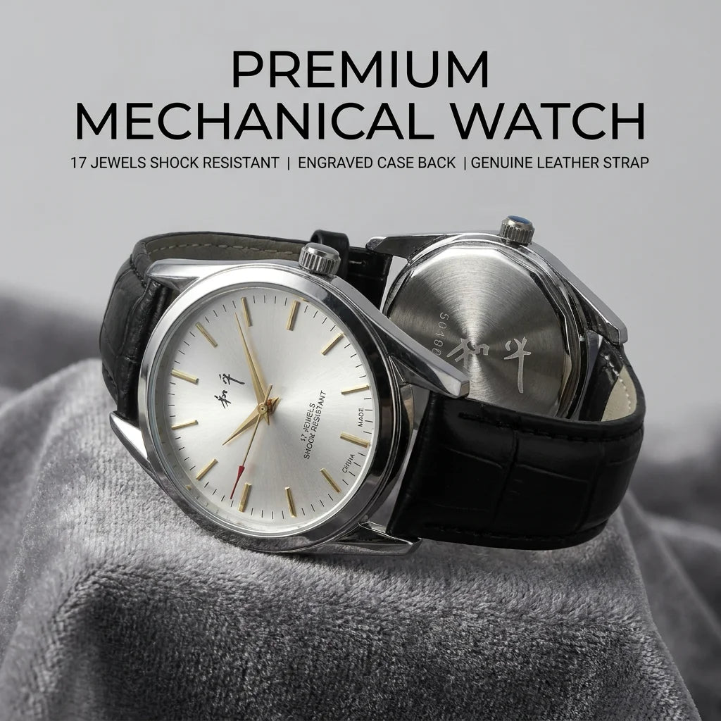 Shanghai Peace Vintage Mechanical Watch for Men 17 Jewels Hand Wind Shock Resistant Black Leather Strap Dress Wristwatch