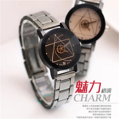 New Couple Watches Men Gear Triangle Pointer Compass Dial Second Hand Watch Women Stainless Steel Watches Relogio Feminino Clock