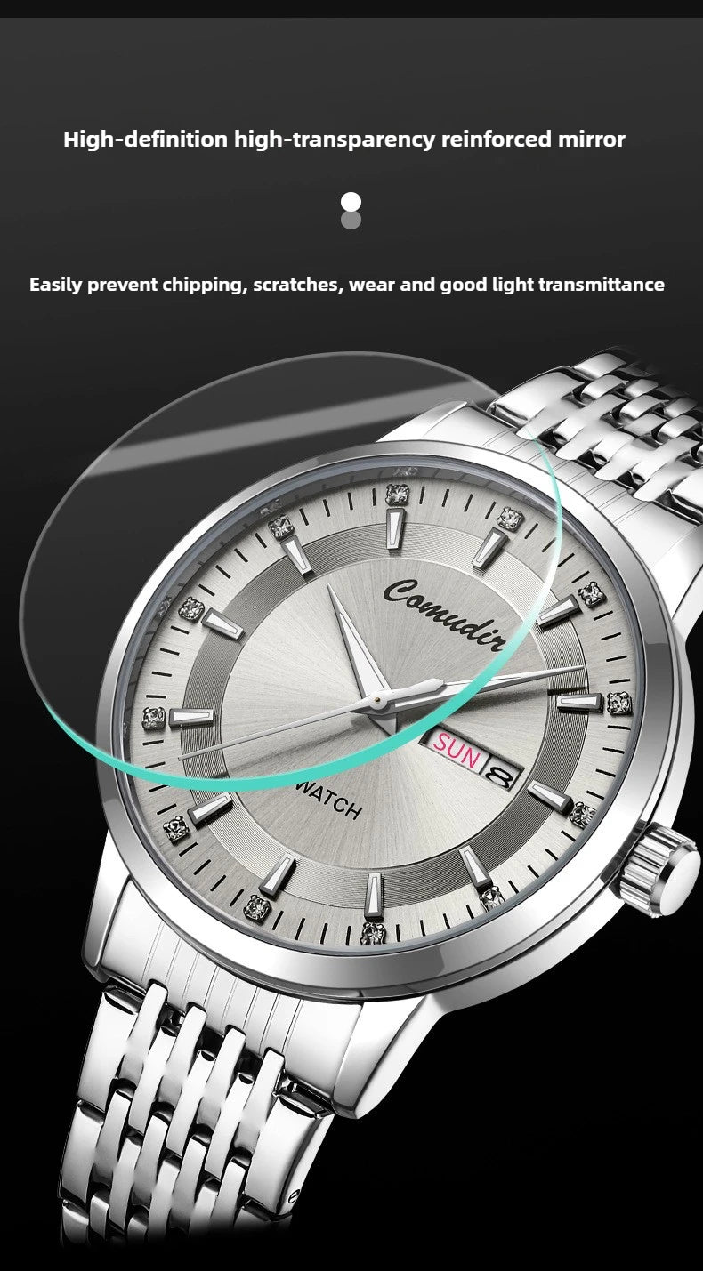 Silvery Non Mechanical Men's Watch Men's Steel Belt Hollowed Out Waterproof Tide Glow in The Dark Dual Calendar Noctilucent
