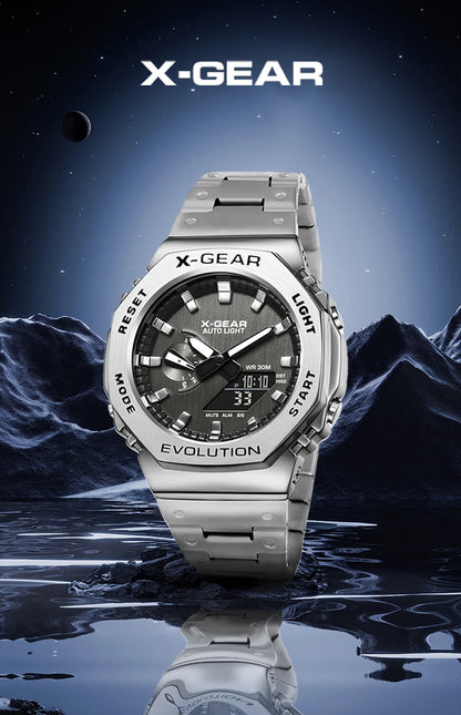 Sports Digital Electronic Unisex Watch Stainless Steel Strap LED Dual Display Multi Function Alloy Large Dial Wristwatch