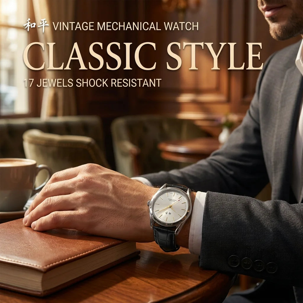 Shanghai Peace Vintage Mechanical Watch for Men 17 Jewels Hand Wind Shock Resistant Black Leather Strap Dress Wristwatch