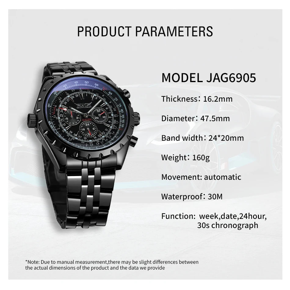JARAGAR Original Blue Glass Big Dial Multifunctional Automatic Men's Watches Stainless Steel Vintage Mechanical Waterproof Clock