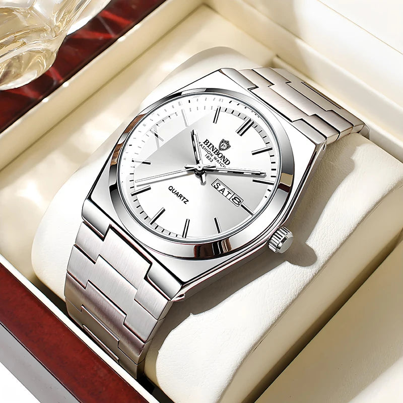 watches for man Light Luxury Brand Stainless Steel Double Calendar Waterproof Male Business Leisure Fashion Quartz Clock Watch