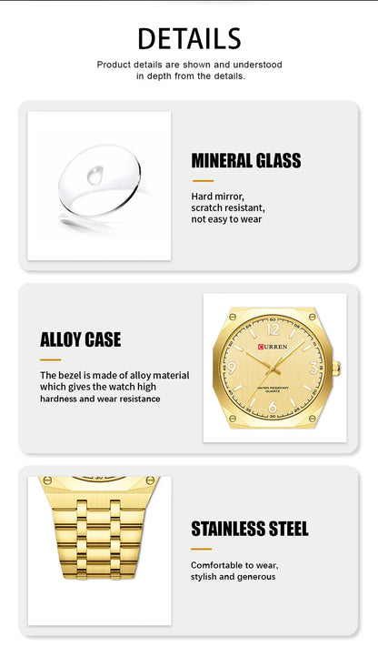 2026 Male Fashion Men Quartz Watch Stainless Steel Band Luminous Business Casual Wristwatch Octagonal Bezel Mineral Glass Dial