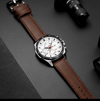 Men Sports Watch 46mm Black Leather Racing Series Everyday Wear  Fashion Original Rose Gold Dial Quartz Watches Relogio Masculin
