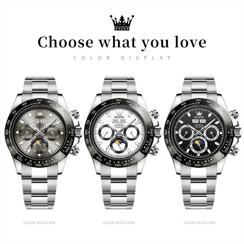 OLEVS 6654 Top Brand Men's Watches Classic Fashion Automatic Mechanical Watch for Man Complete Calendar Moon Phase Waterproof