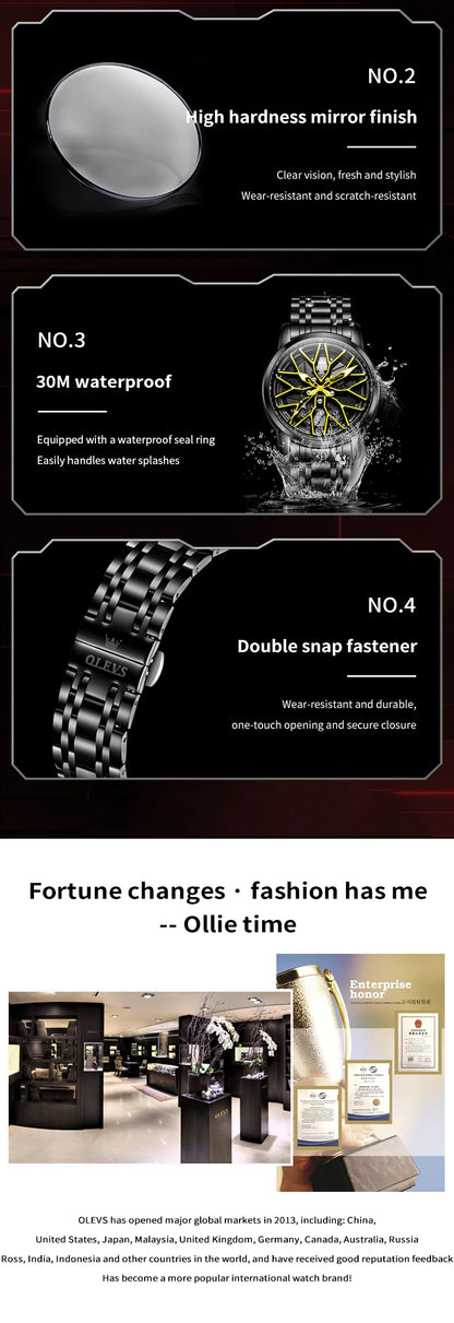 OLEVS Fashion Watch for Men Sport Car Rim Wheel Hub 360° Rotary Dial Quartz Watches Waterproof Stainless Steel Men's Wristwatch