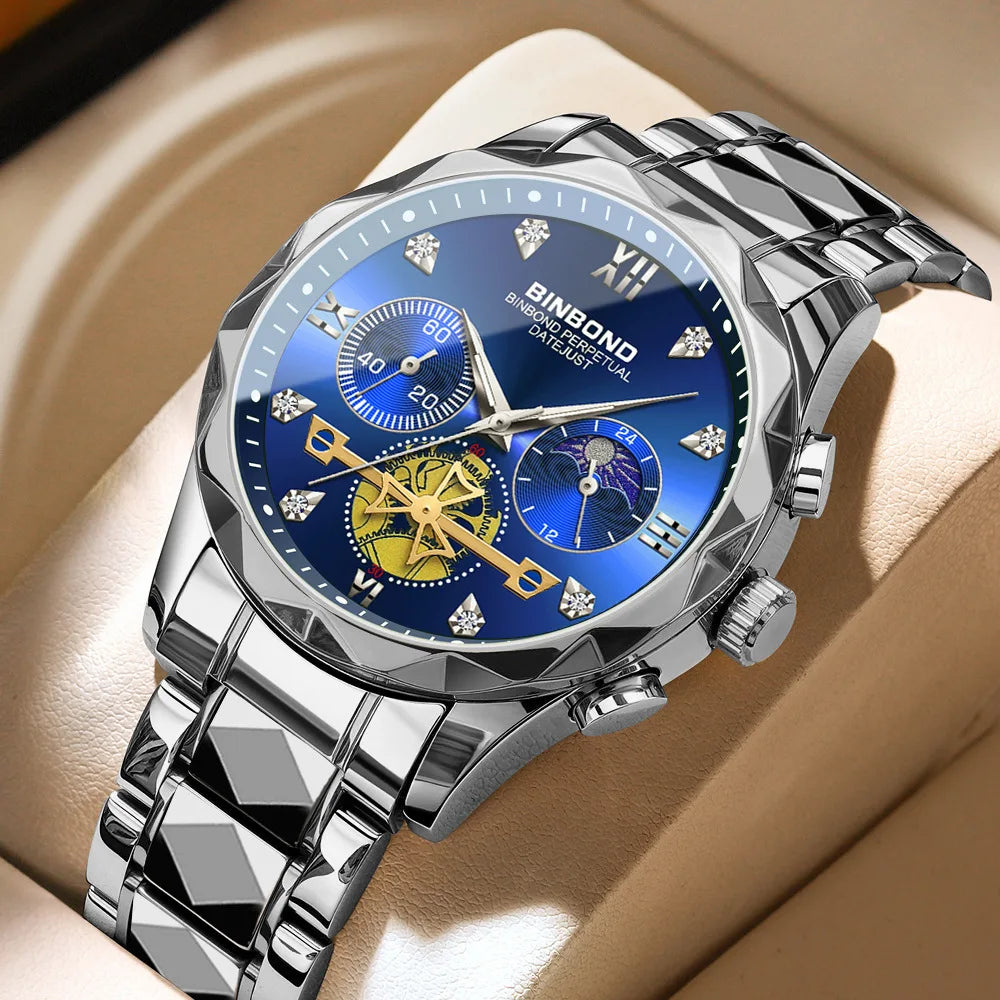 Multi Functional Quartz Watch, Versatile and Trendy Watch, Six Needle Timing, Casual and Trendy Men's Tungsten Steel Color