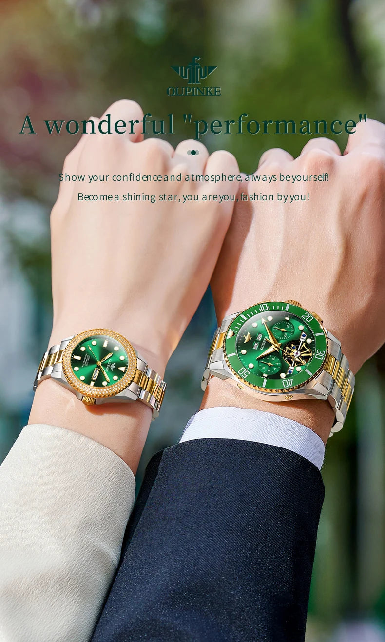 OUPINKE 3229+3205 Couple Watch Pair for Men Women Diving Series Flywheel Design Luxury Imported Movement Lover's Wedding Watches